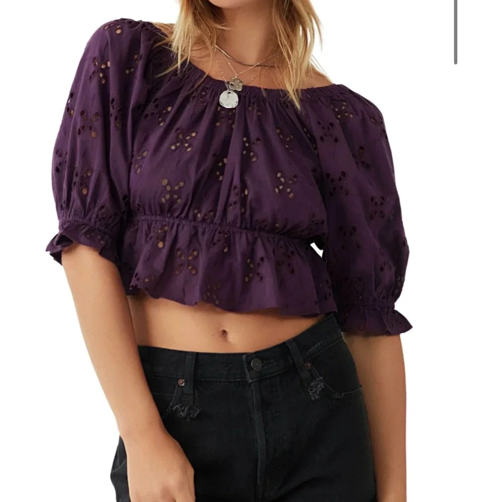 Free People Gardenia Top Purple Eyelet V-Neck Peplum Puff Sleeve Boho Large